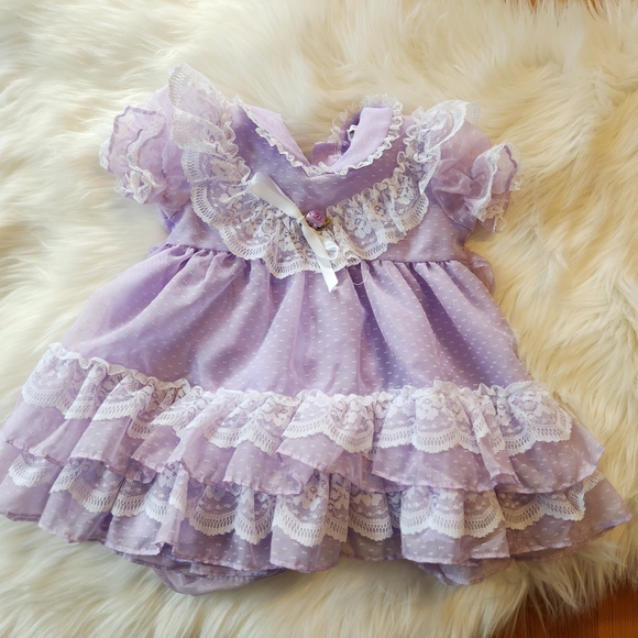 Vintage Dresses Vintage Cottagecore Baby Girl Dress Purple Tiered